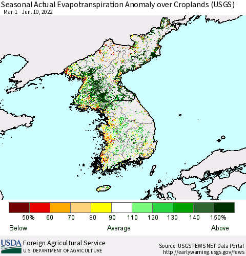 Korea Seasonal Actual Evapotranspiration Anomaly over Croplands (USGS) Thematic Map For 4/1/2022 - 6/10/2022