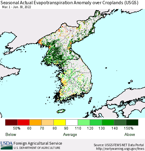 Korea Seasonal Actual Evapotranspiration Anomaly over Croplands (USGS) Thematic Map For 4/1/2022 - 6/30/2022