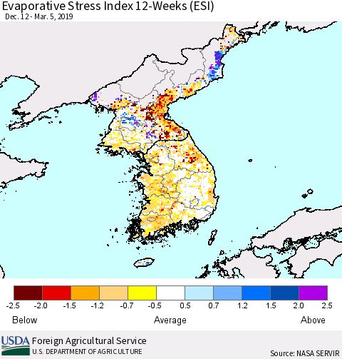 Korea Evaporative Stress Index (ESI), 12-Weeks Thematic Map For 3/4/2019 - 3/10/2019