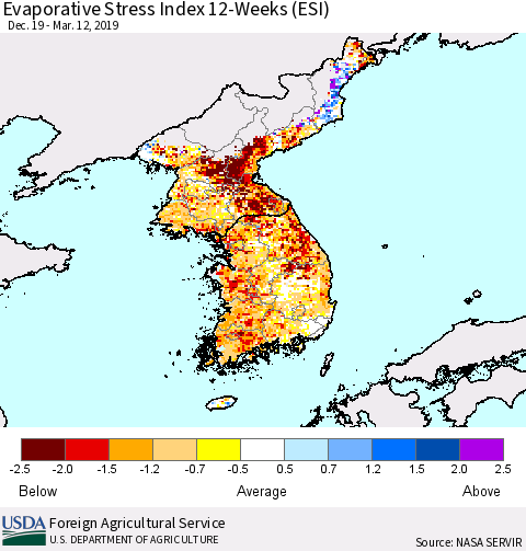 Korea Evaporative Stress Index (ESI), 12-Weeks Thematic Map For 3/11/2019 - 3/17/2019