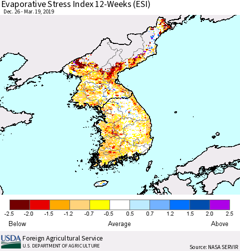 Korea Evaporative Stress Index (ESI), 12-Weeks Thematic Map For 3/18/2019 - 3/24/2019