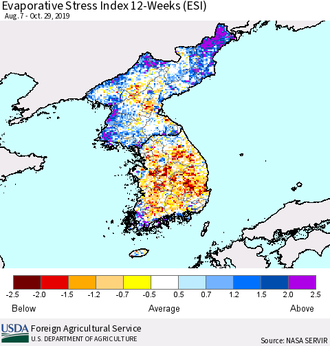 Korea Evaporative Stress Index (ESI), 12-Weeks Thematic Map For 10/28/2019 - 11/3/2019