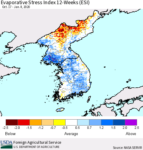 Korea Evaporative Stress Index (ESI), 12-Weeks Thematic Map For 1/6/2020 - 1/12/2020