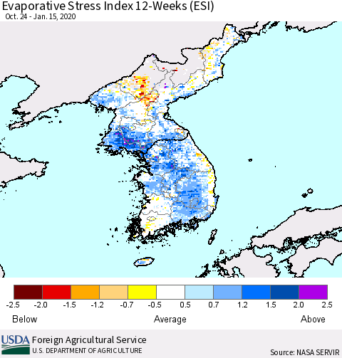 Korea Evaporative Stress Index (ESI), 12-Weeks Thematic Map For 1/13/2020 - 1/19/2020