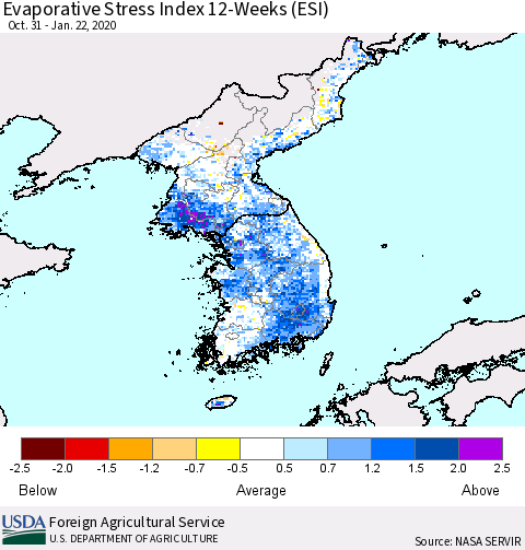 Korea Evaporative Stress Index (ESI), 12-Weeks Thematic Map For 1/20/2020 - 1/26/2020