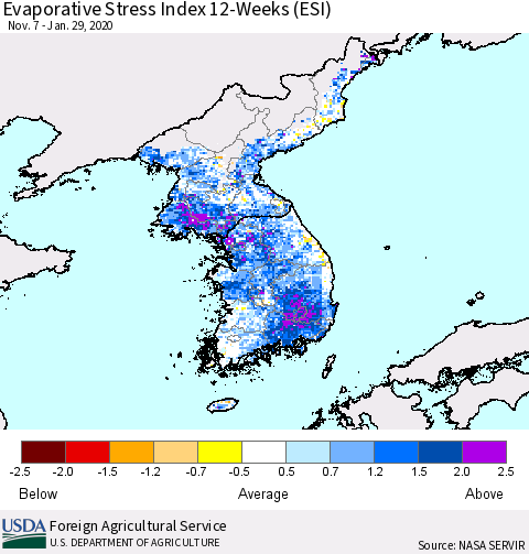 Korea Evaporative Stress Index (ESI), 12-Weeks Thematic Map For 1/27/2020 - 2/2/2020