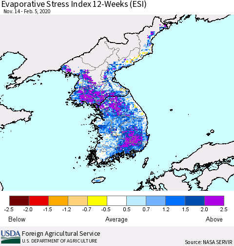 Korea Evaporative Stress Index (ESI), 12-Weeks Thematic Map For 2/3/2020 - 2/9/2020