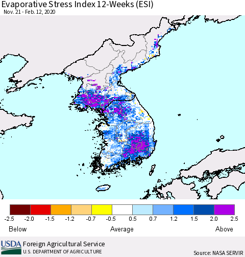 Korea Evaporative Stress Index (ESI), 12-Weeks Thematic Map For 2/10/2020 - 2/16/2020