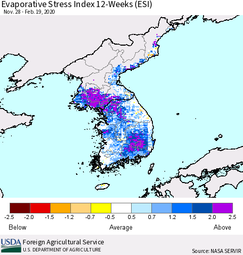 Korea Evaporative Stress Index (ESI), 12-Weeks Thematic Map For 2/17/2020 - 2/23/2020