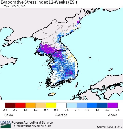 Korea Evaporative Stress Index (ESI), 12-Weeks Thematic Map For 2/24/2020 - 3/1/2020