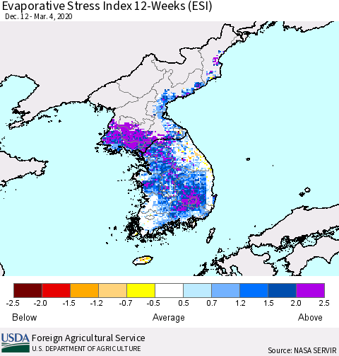 Korea Evaporative Stress Index (ESI), 12-Weeks Thematic Map For 3/2/2020 - 3/8/2020