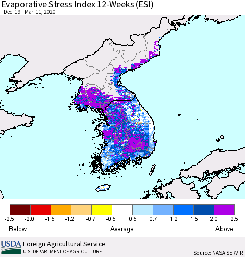 Korea Evaporative Stress Index (ESI), 12-Weeks Thematic Map For 3/9/2020 - 3/15/2020