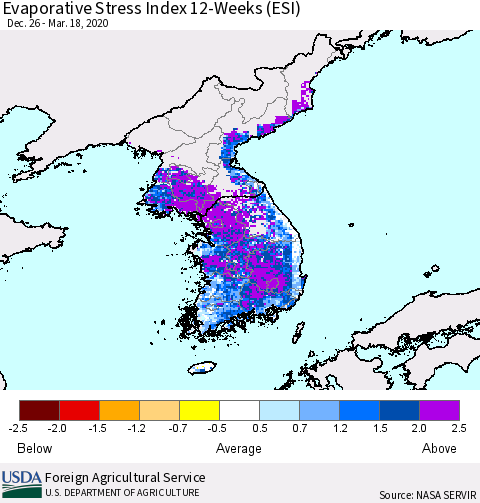 Korea Evaporative Stress Index (ESI), 12-Weeks Thematic Map For 3/16/2020 - 3/22/2020