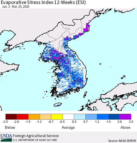 Korea Evaporative Stress Index (ESI), 12-Weeks Thematic Map For 3/23/2020 - 3/29/2020