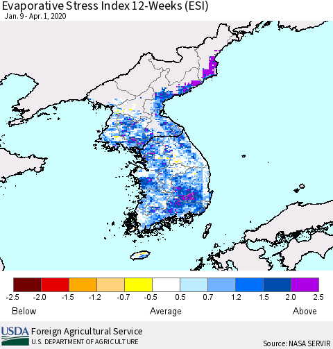 Korea Evaporative Stress Index (ESI), 12-Weeks Thematic Map For 3/30/2020 - 4/5/2020