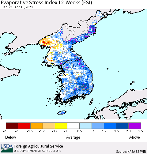Korea Evaporative Stress Index (ESI), 12-Weeks Thematic Map For 4/13/2020 - 4/19/2020