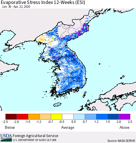 Korea Evaporative Stress Index (ESI), 12-Weeks Thematic Map For 4/20/2020 - 4/26/2020