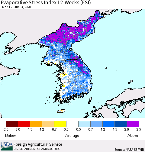 Korea Evaporative Stress Index (ESI), 12-Weeks Thematic Map For 6/1/2020 - 6/7/2020