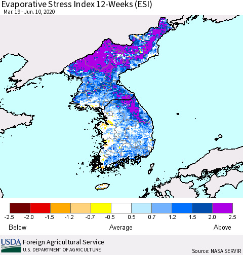 Korea Evaporative Stress Index (ESI), 12-Weeks Thematic Map For 6/8/2020 - 6/14/2020