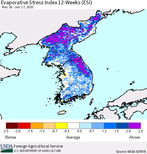 Korea Evaporative Stress Index (ESI), 12-Weeks Thematic Map For 6/15/2020 - 6/21/2020