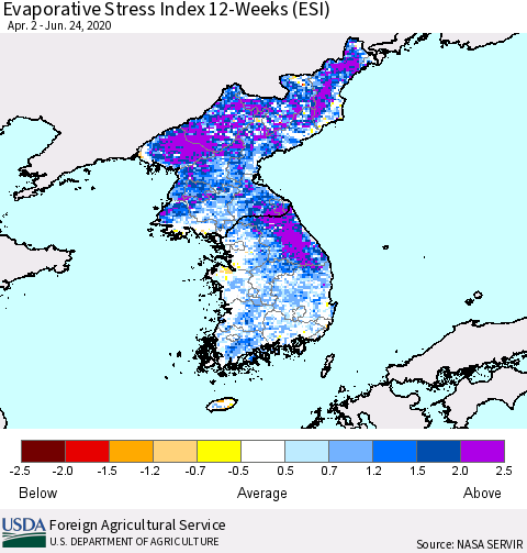 Korea Evaporative Stress Index (ESI), 12-Weeks Thematic Map For 6/22/2020 - 6/28/2020