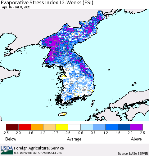 Korea Evaporative Stress Index (ESI), 12-Weeks Thematic Map For 7/6/2020 - 7/12/2020