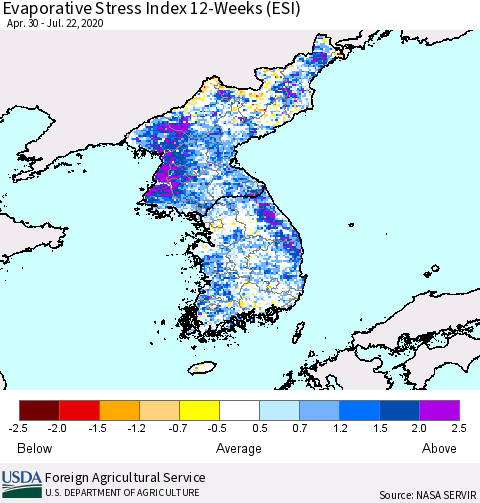 Korea Evaporative Stress Index (ESI), 12-Weeks Thematic Map For 7/20/2020 - 7/26/2020