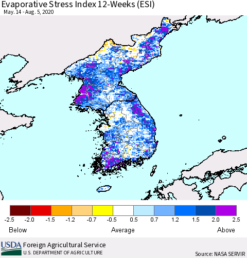 Korea Evaporative Stress Index (ESI), 12-Weeks Thematic Map For 8/3/2020 - 8/9/2020