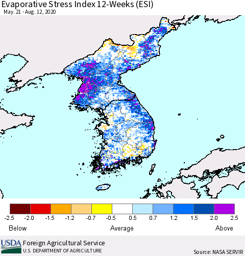 Korea Evaporative Stress Index (ESI), 12-Weeks Thematic Map For 8/10/2020 - 8/16/2020