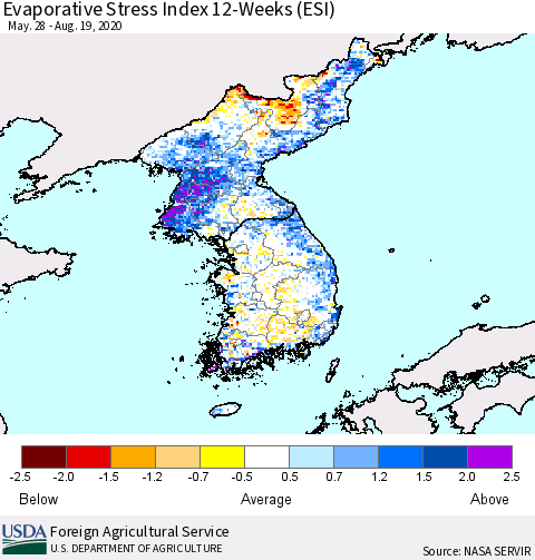Korea Evaporative Stress Index (ESI), 12-Weeks Thematic Map For 8/17/2020 - 8/23/2020