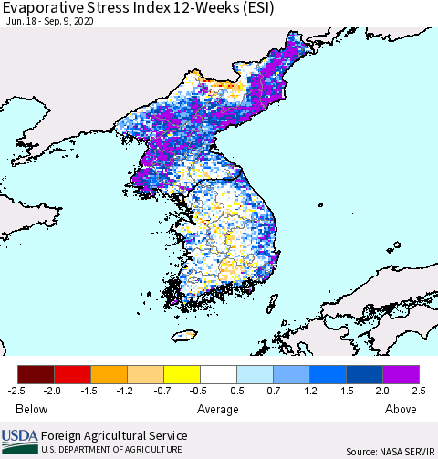 Korea Evaporative Stress Index (ESI), 12-Weeks Thematic Map For 9/7/2020 - 9/13/2020