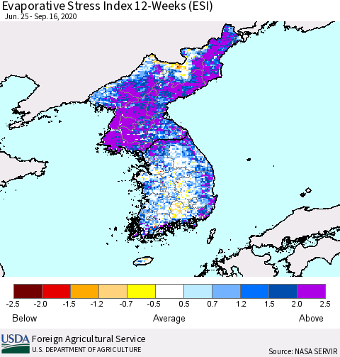 Korea Evaporative Stress Index (ESI), 12-Weeks Thematic Map For 9/14/2020 - 9/20/2020