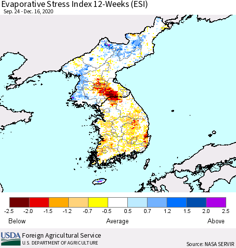 Korea Evaporative Stress Index (ESI), 12-Weeks Thematic Map For 12/14/2020 - 12/20/2020