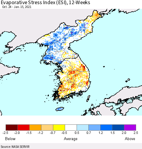 Korea Evaporative Stress Index (ESI), 12-Weeks Thematic Map For 1/11/2021 - 1/17/2021