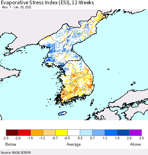 Korea Evaporative Stress Index (ESI), 12-Weeks Thematic Map For 1/25/2021 - 1/31/2021