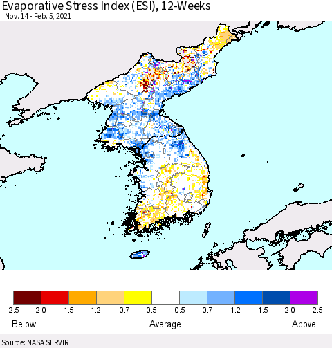 Korea Evaporative Stress Index (ESI), 12-Weeks Thematic Map For 2/1/2021 - 2/7/2021
