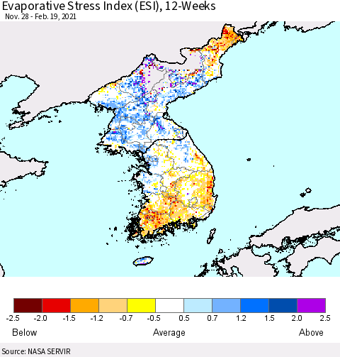 Korea Evaporative Stress Index (ESI), 12-Weeks Thematic Map For 2/15/2021 - 2/21/2021