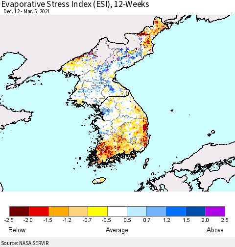 Korea Evaporative Stress Index (ESI), 12-Weeks Thematic Map For 3/1/2021 - 3/7/2021