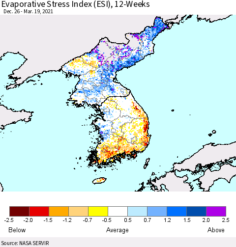 Korea Evaporative Stress Index (ESI), 12-Weeks Thematic Map For 3/15/2021 - 3/21/2021