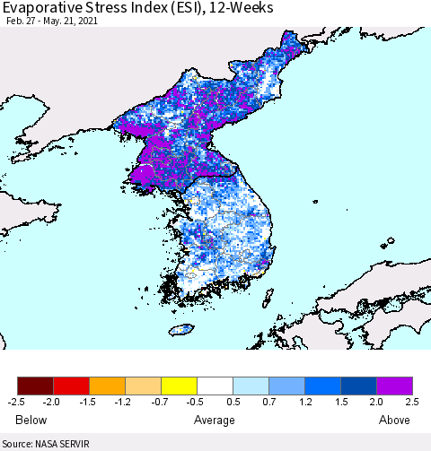 Korea Evaporative Stress Index (ESI), 12-Weeks Thematic Map For 5/17/2021 - 5/23/2021
