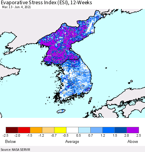 Korea Evaporative Stress Index (ESI), 12-Weeks Thematic Map For 5/31/2021 - 6/6/2021