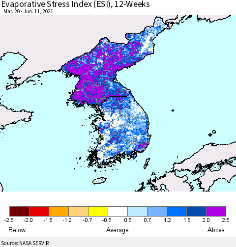 Korea Evaporative Stress Index (ESI), 12-Weeks Thematic Map For 6/7/2021 - 6/13/2021