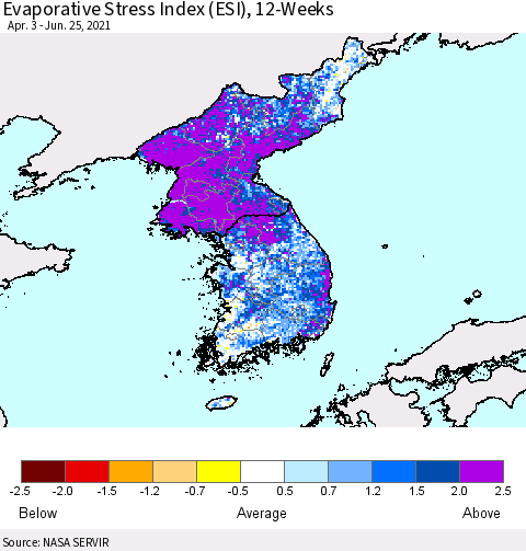 Korea Evaporative Stress Index (ESI), 12-Weeks Thematic Map For 6/21/2021 - 6/27/2021