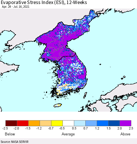 Korea Evaporative Stress Index (ESI), 12-Weeks Thematic Map For 7/12/2021 - 7/18/2021