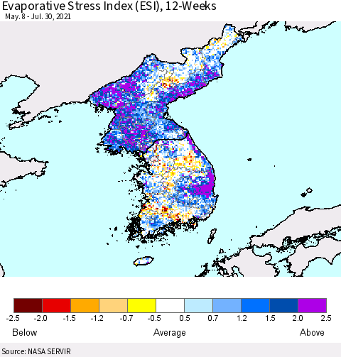 Korea Evaporative Stress Index (ESI), 12-Weeks Thematic Map For 7/26/2021 - 8/1/2021