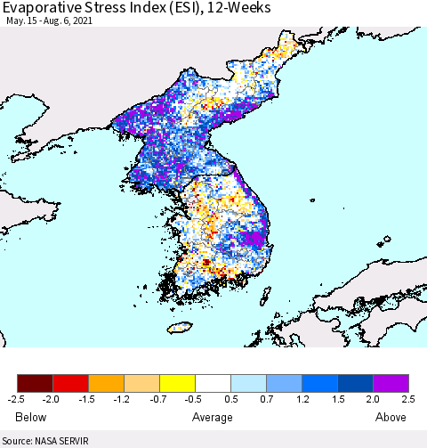 Korea Evaporative Stress Index (ESI), 12-Weeks Thematic Map For 8/2/2021 - 8/8/2021