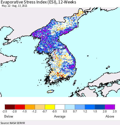 Korea Evaporative Stress Index (ESI), 12-Weeks Thematic Map For 8/9/2021 - 8/15/2021