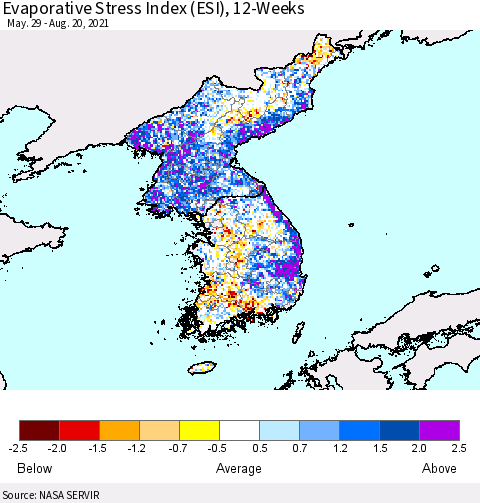 Korea Evaporative Stress Index (ESI), 12-Weeks Thematic Map For 8/16/2021 - 8/22/2021