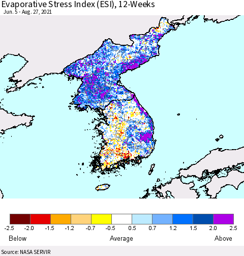 Korea Evaporative Stress Index (ESI), 12-Weeks Thematic Map For 8/23/2021 - 8/29/2021