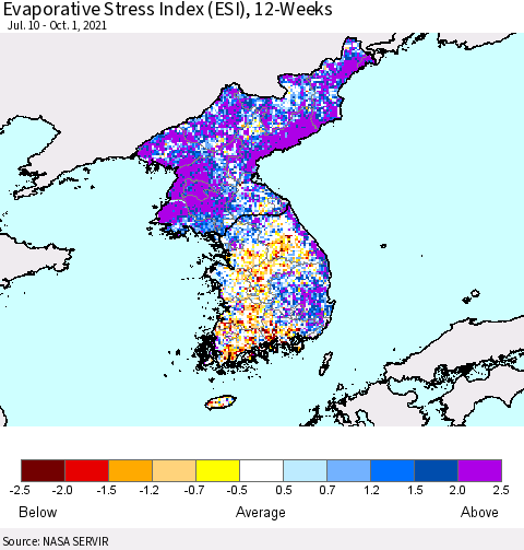 Korea Evaporative Stress Index (ESI), 12-Weeks Thematic Map For 9/27/2021 - 10/3/2021